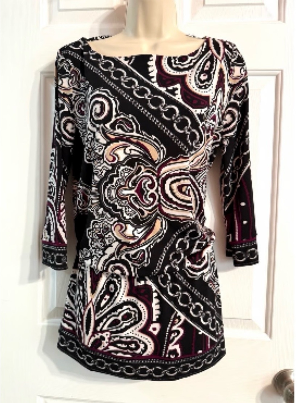 White House Black Market Paisley Chain Tunic Blouse Women’s Size S 3/4 Sleeve